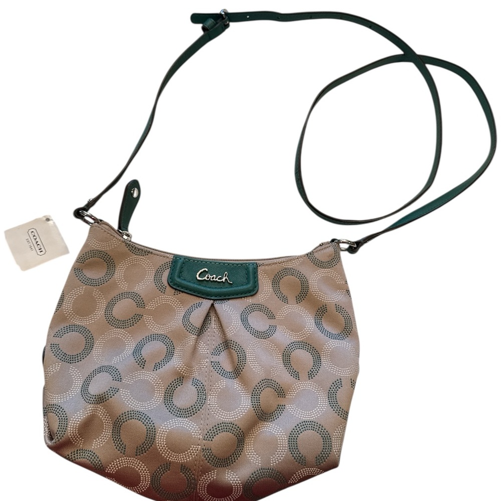 New Coach Ashley Tan and Green Crossbody Bag with Iconic Dotted Monogram